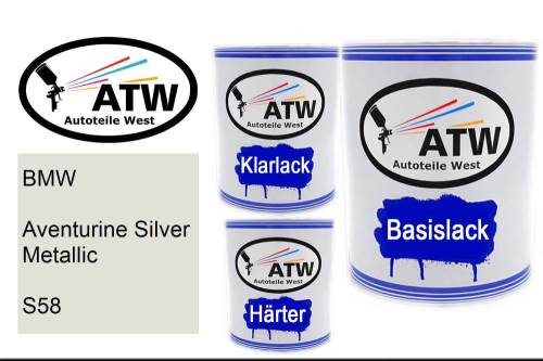 BMW, Aventurine Silver Metallic, S58: 1L Lackdose + 1L Klarlack + 500ml Härter - Set, von ATW Autoteile West.